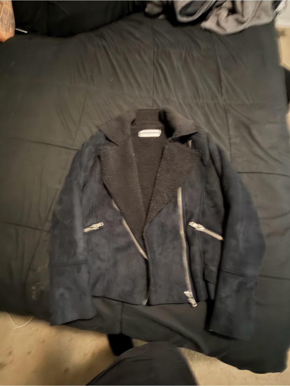 Gypsy Warrior Black Suede-Look Bomber Jacket with Shearling Lining